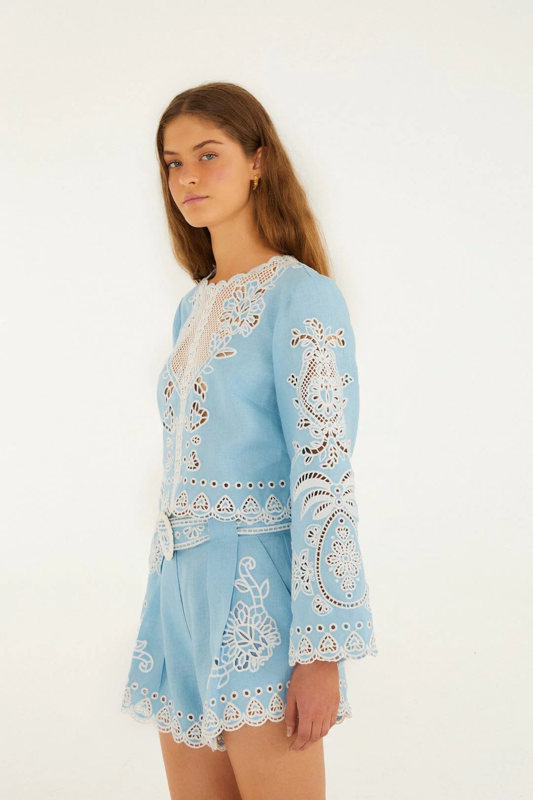 Light Blue Romantic Richelieu Euroflax™ Premium Linen Blouse - Image 4