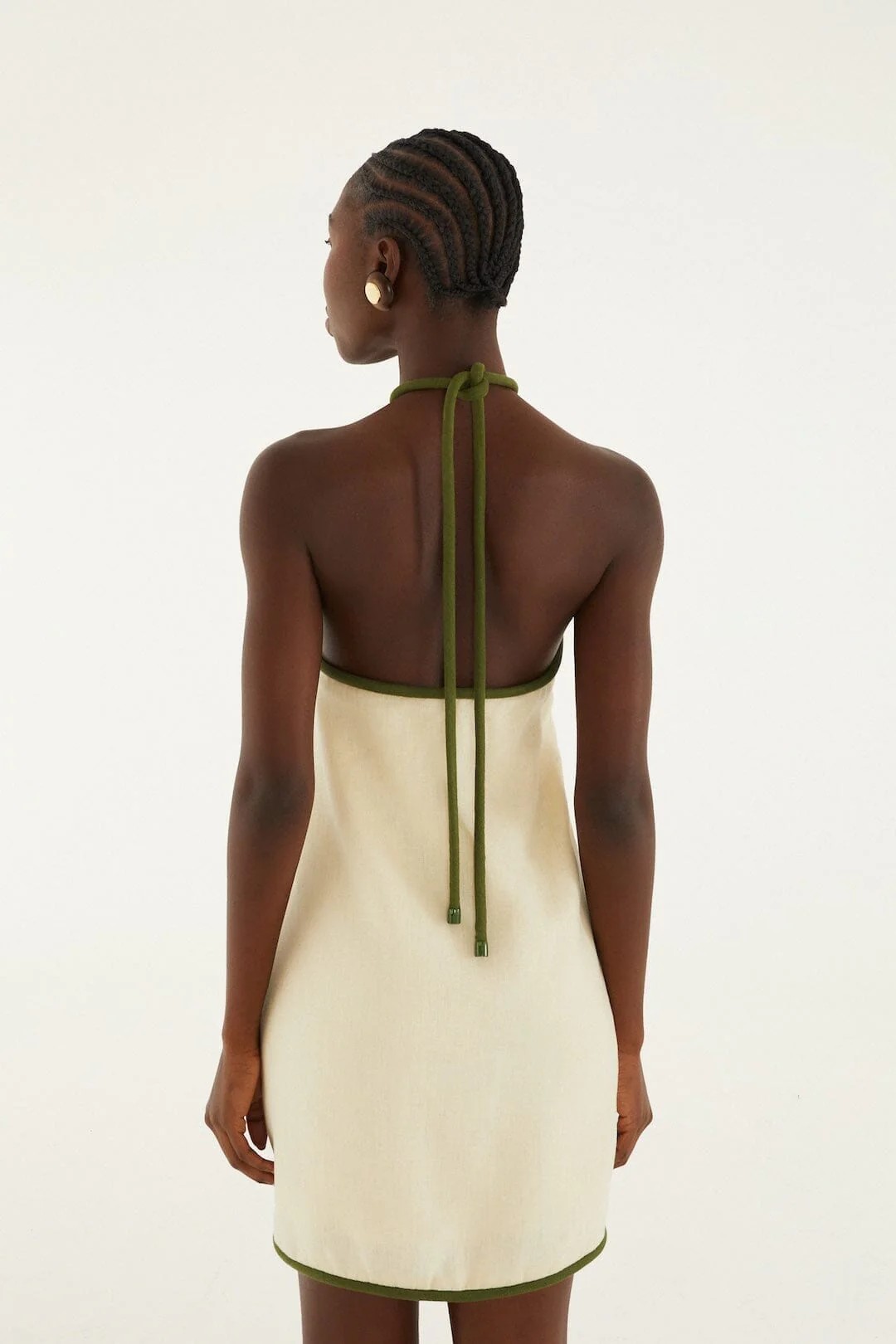 Sand Coconut Embroidery Halter Neck Euroflax™ Premium Linen Mini Dress - Image 3