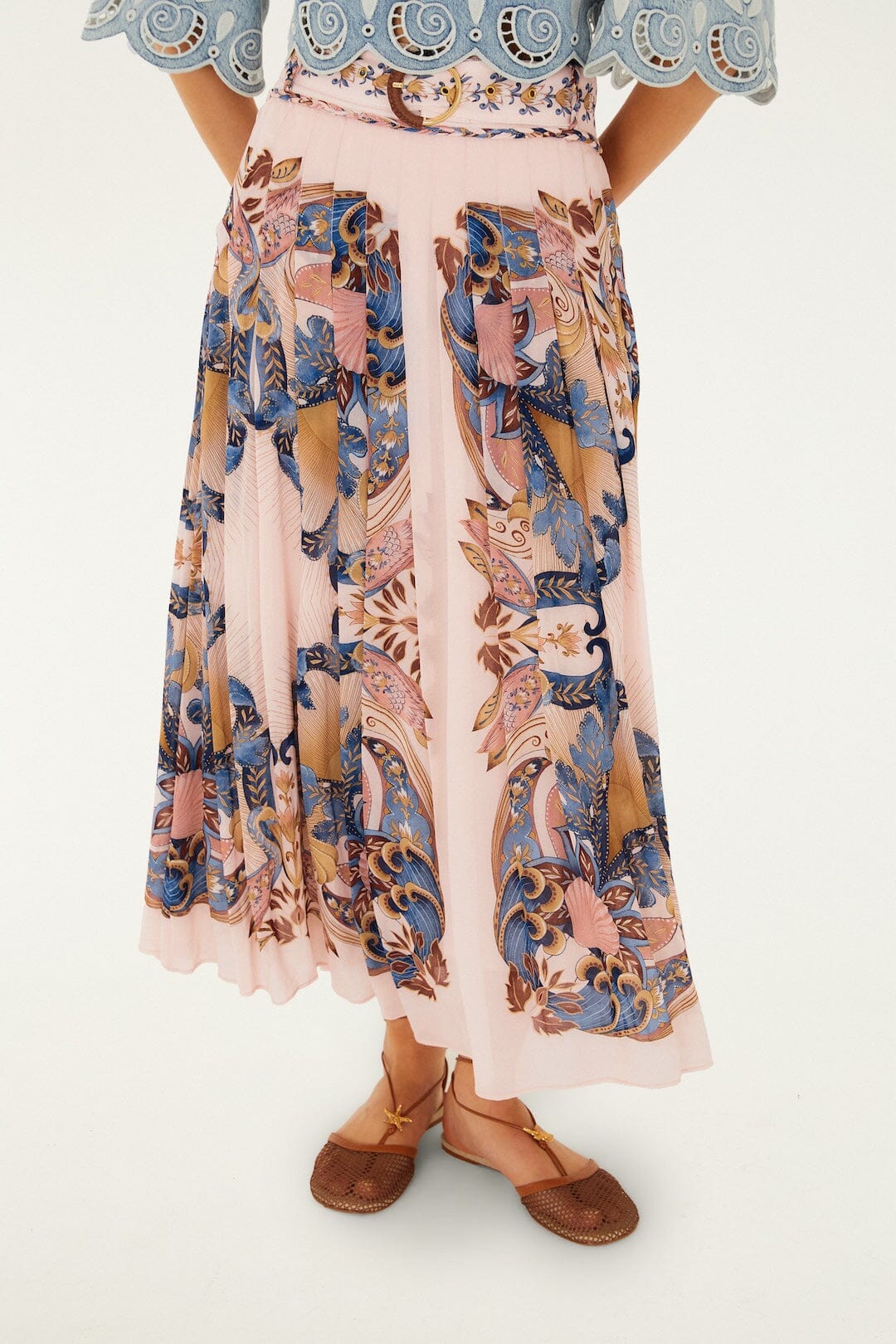 Soft Pink Sea Garden Scarf Pleated Maxi Skirt - Image 2