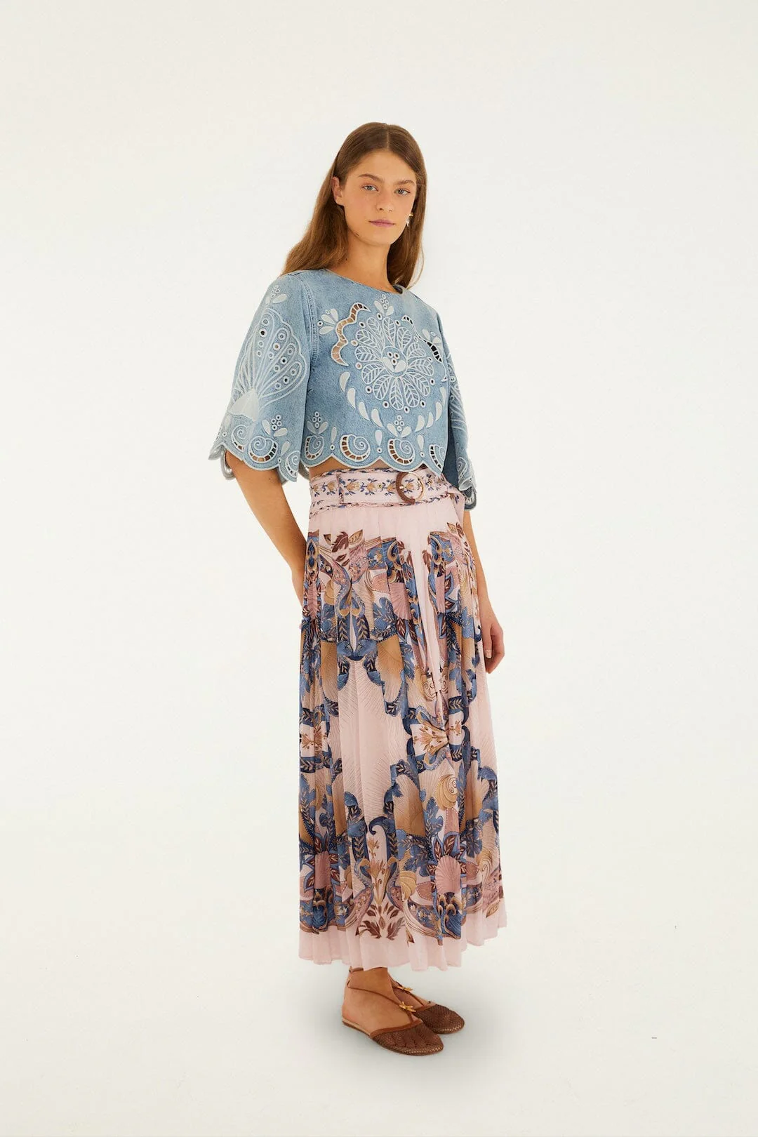 Soft Pink Sea Garden Scarf Pleated Maxi Skirt - Image 4