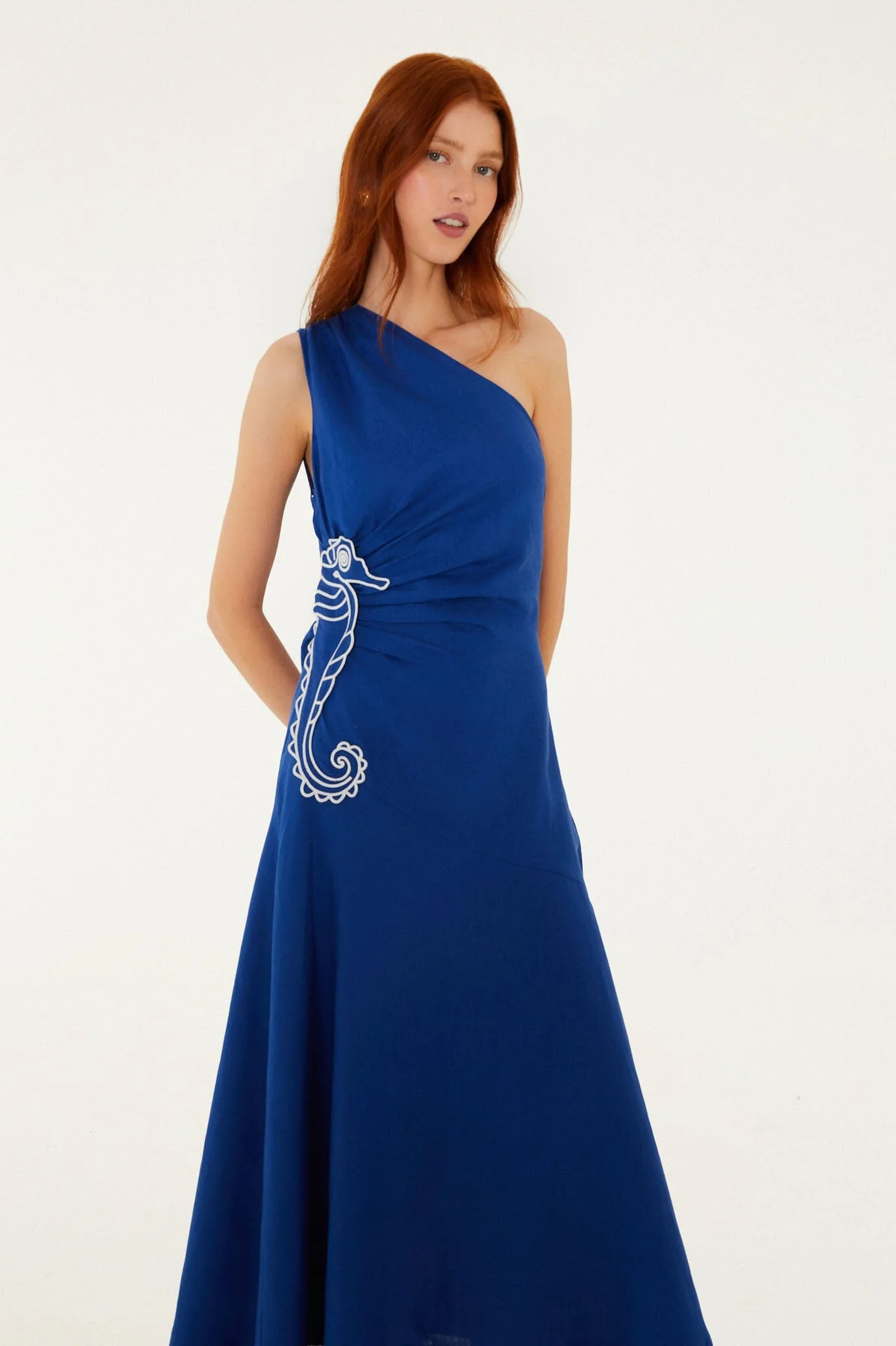 Blue Seahorse Embroidery One-Shoulder Euroflax Premium Linen Maxi Dress - Image 3