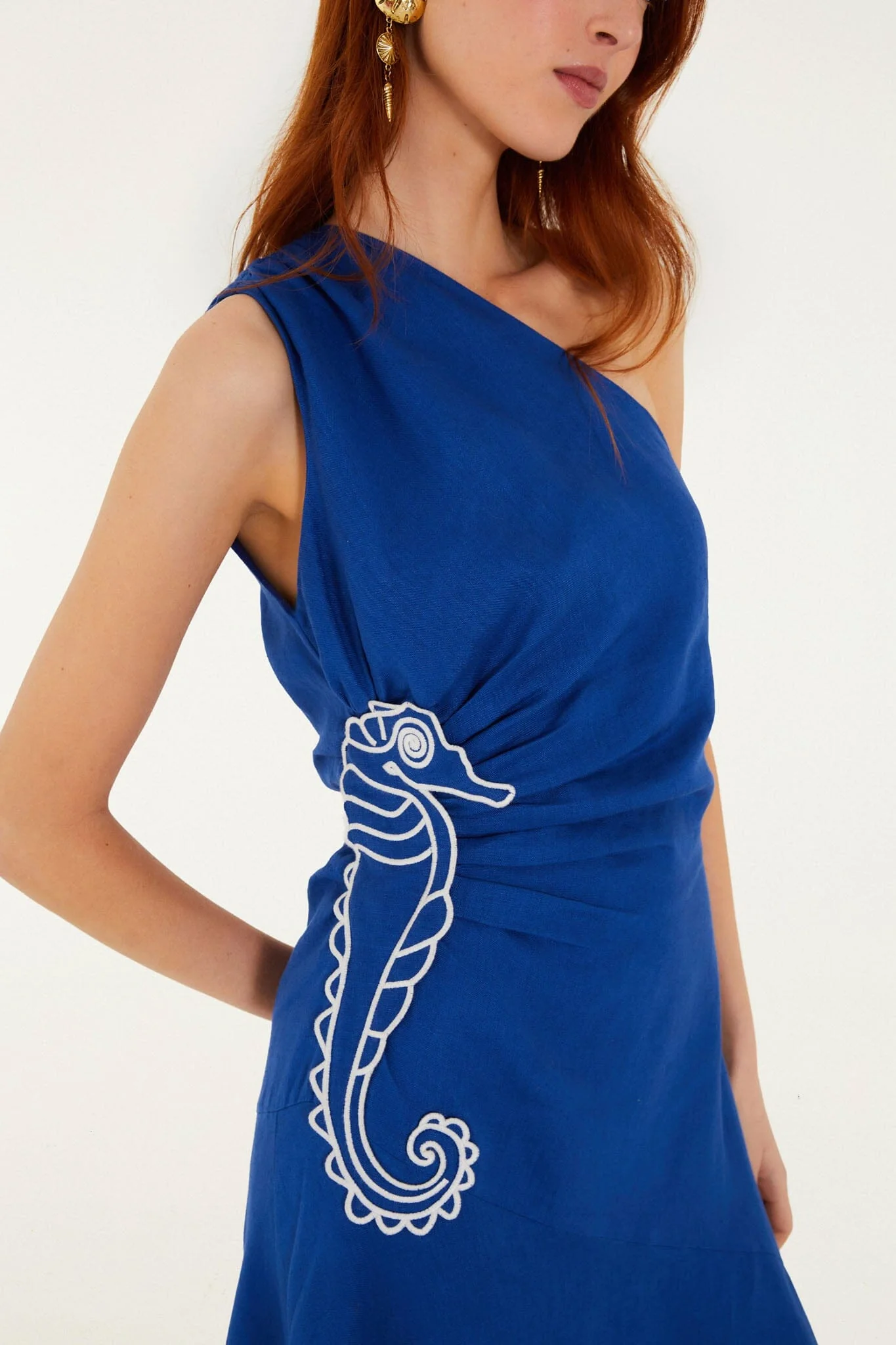 Blue Seahorse Embroidery One-Shoulder Euroflax Premium Linen Maxi Dress - Image 4