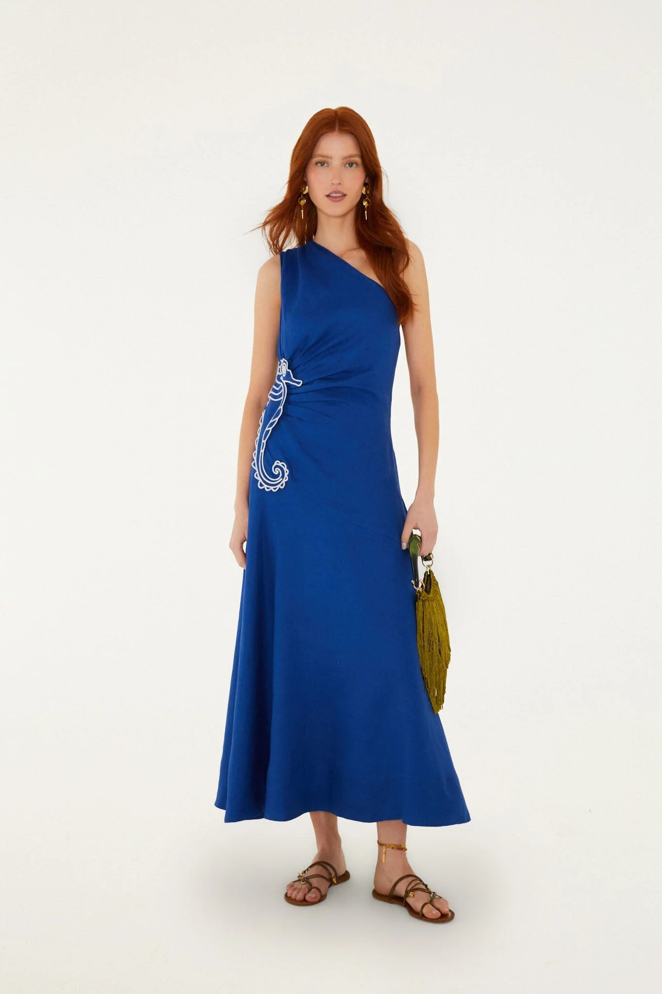 Blue Seahorse Embroidery One-Shoulder Euroflax Premium Linen Maxi Dress - Image 5
