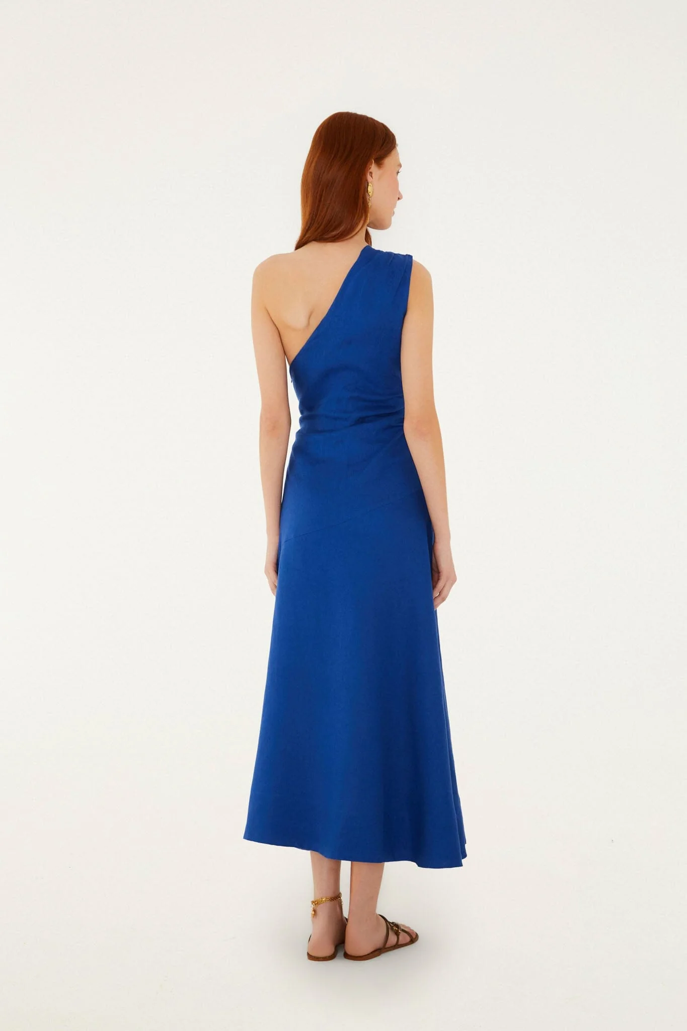 Blue Seahorse Embroidery One-Shoulder Euroflax Premium Linen Maxi Dress - Image 6