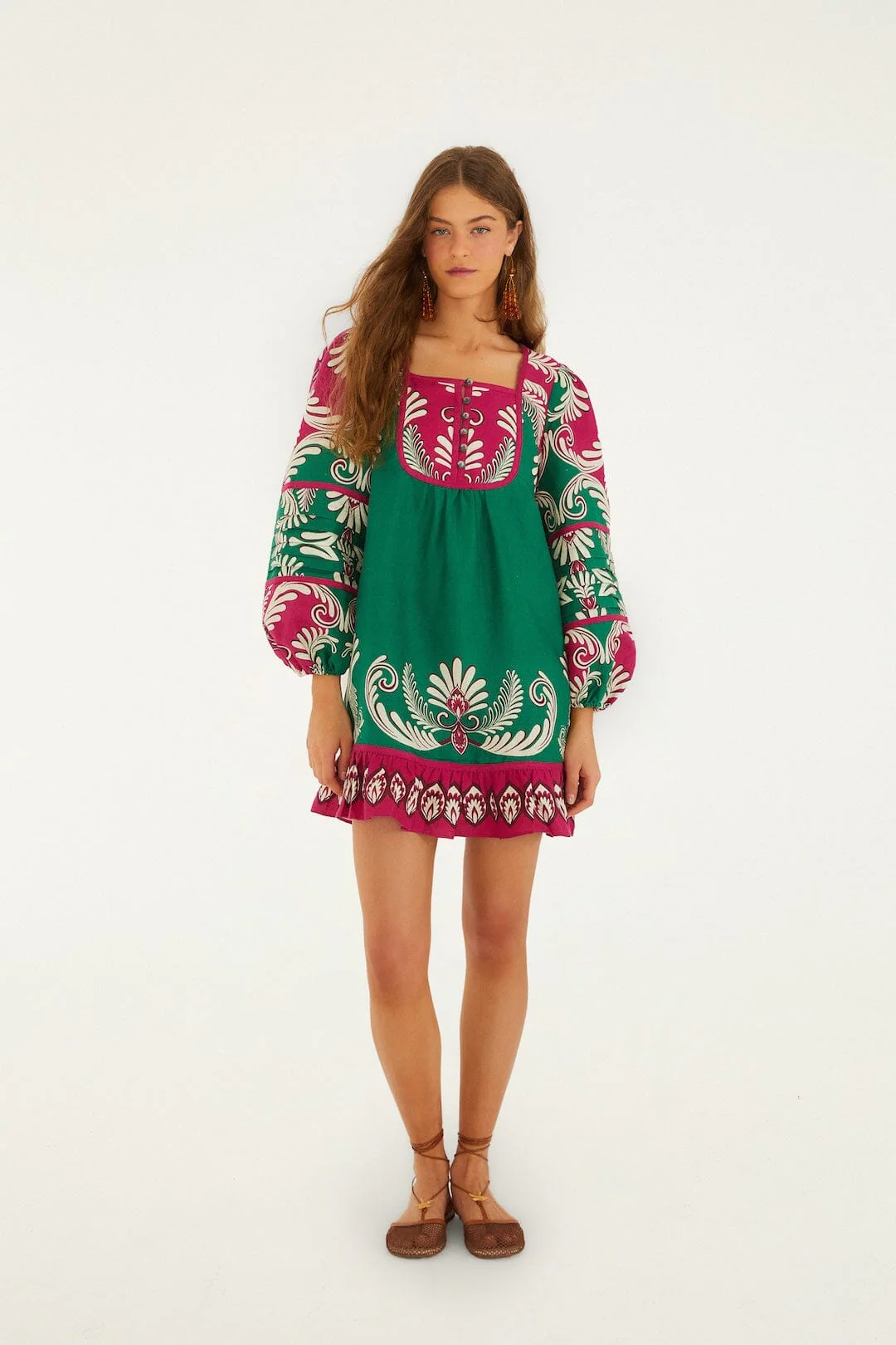 Multicolor Spring Arabesc Long Sleeve Euroflax™ Premium Linen Mini Dress - Image 4