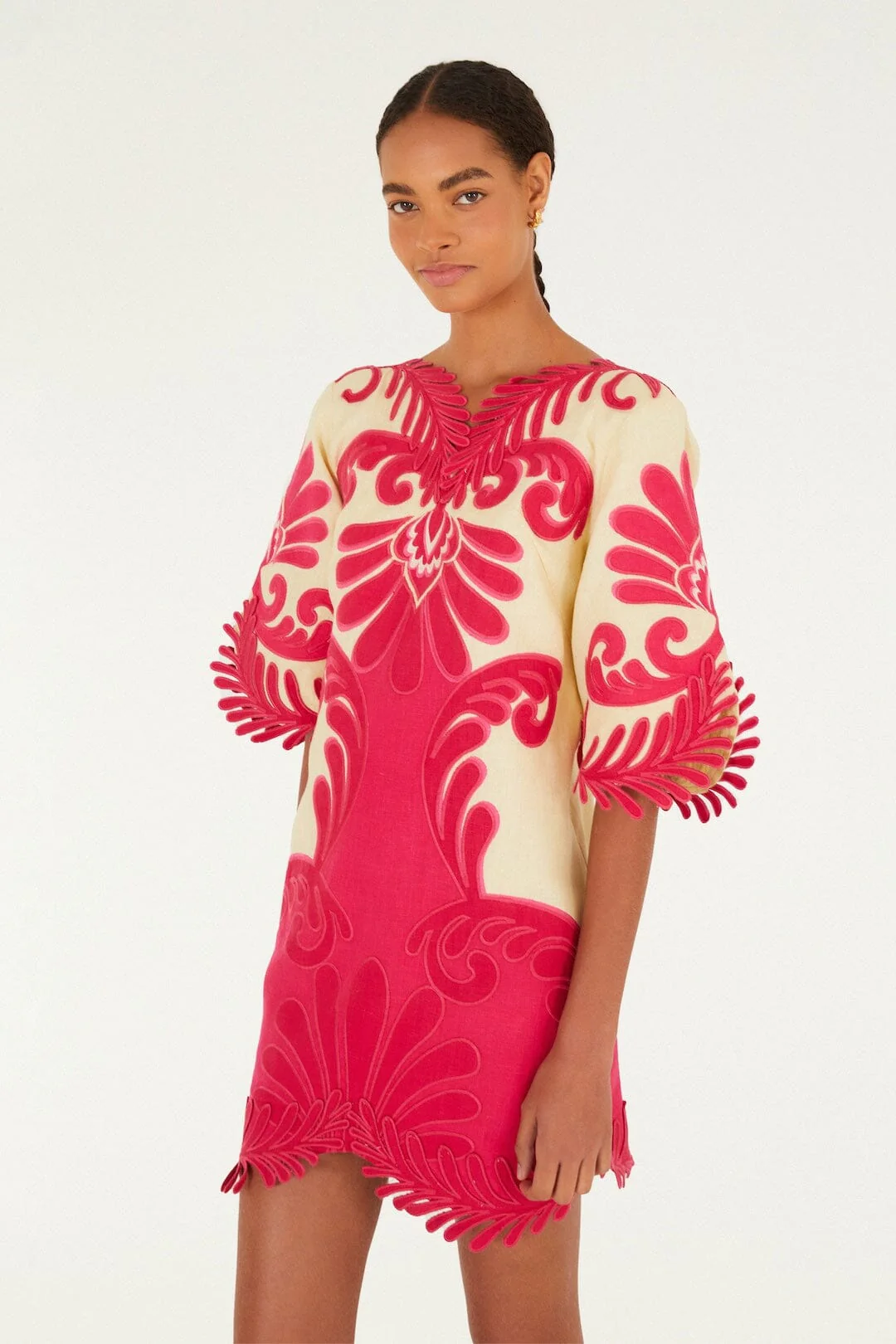 Pink Spring Arabesc Embroidered Euroflax™ Premium Linen Mini Dress