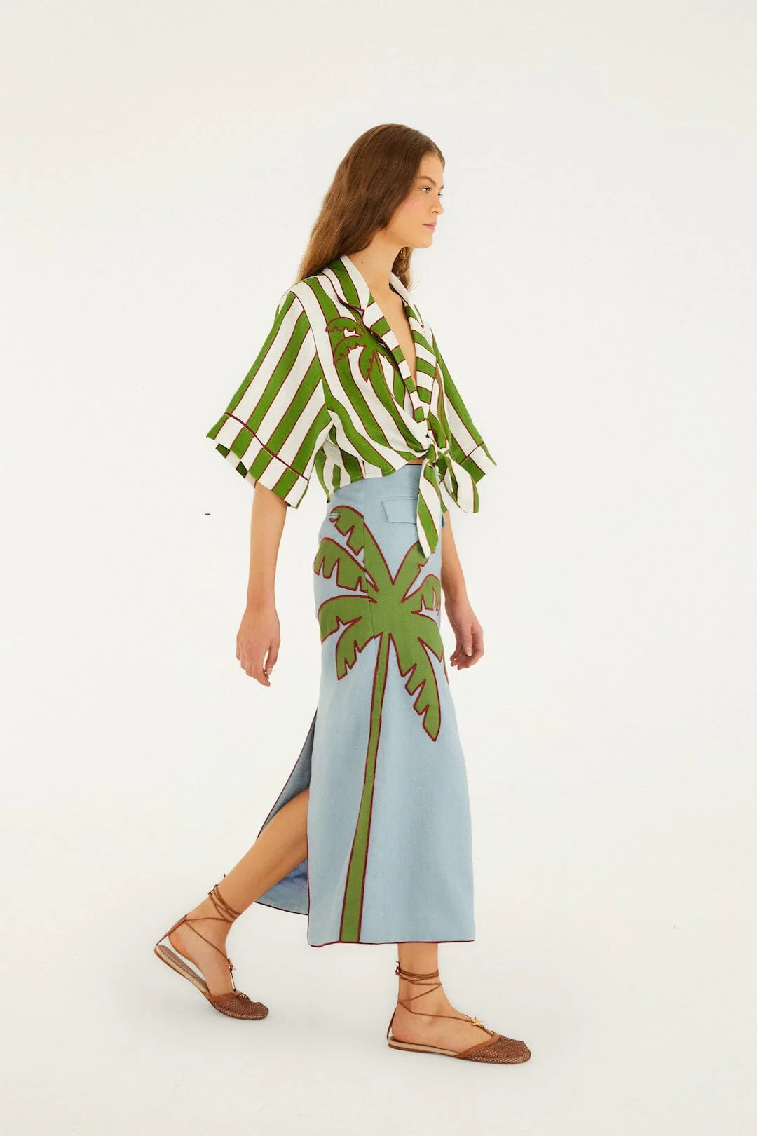 Green Spring Stripes Embroidered Euroflax™ Premium Linen Crop Top - Image 4