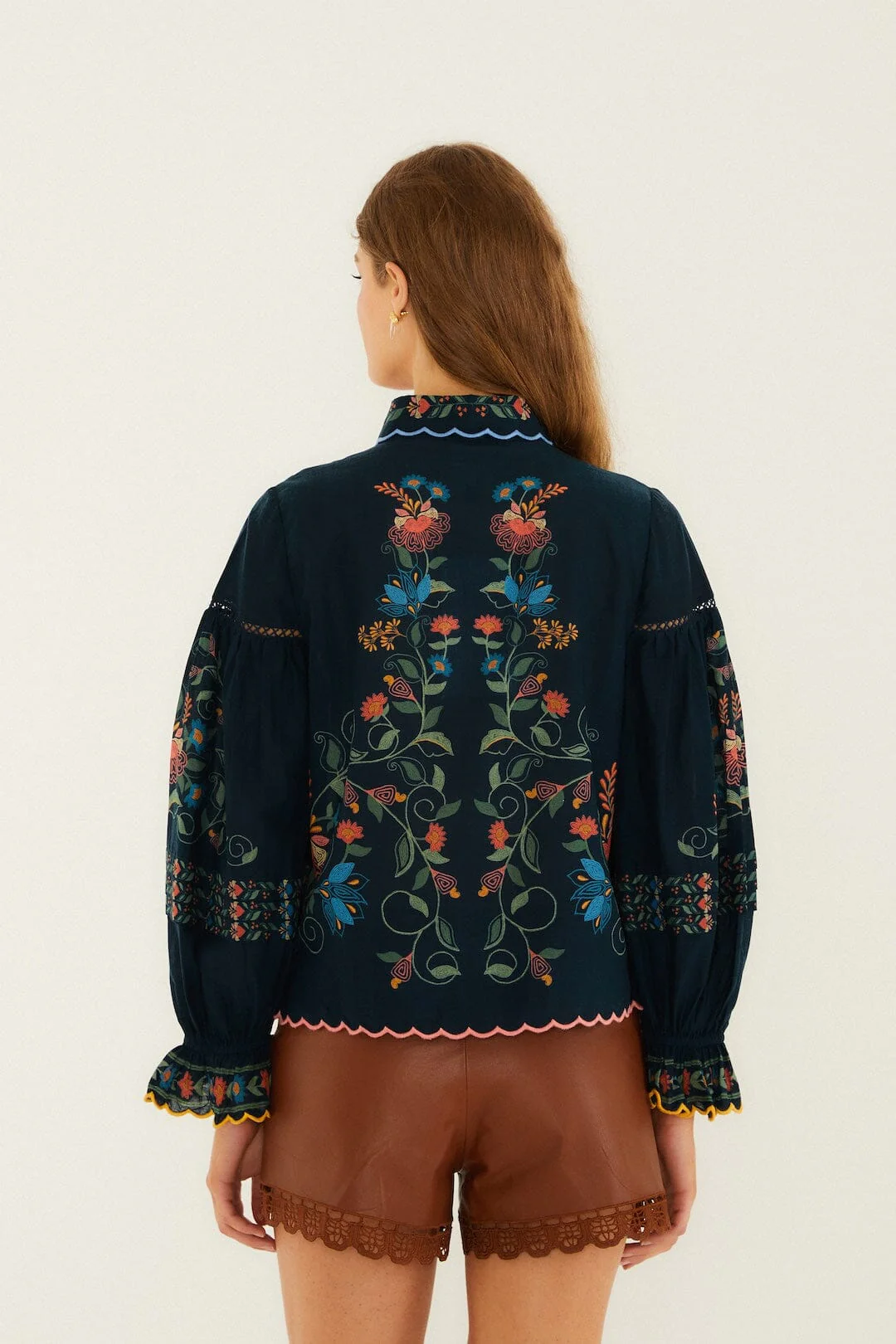 Navy Blue Stitched Garden Wavy Hem Blouse - Image 3