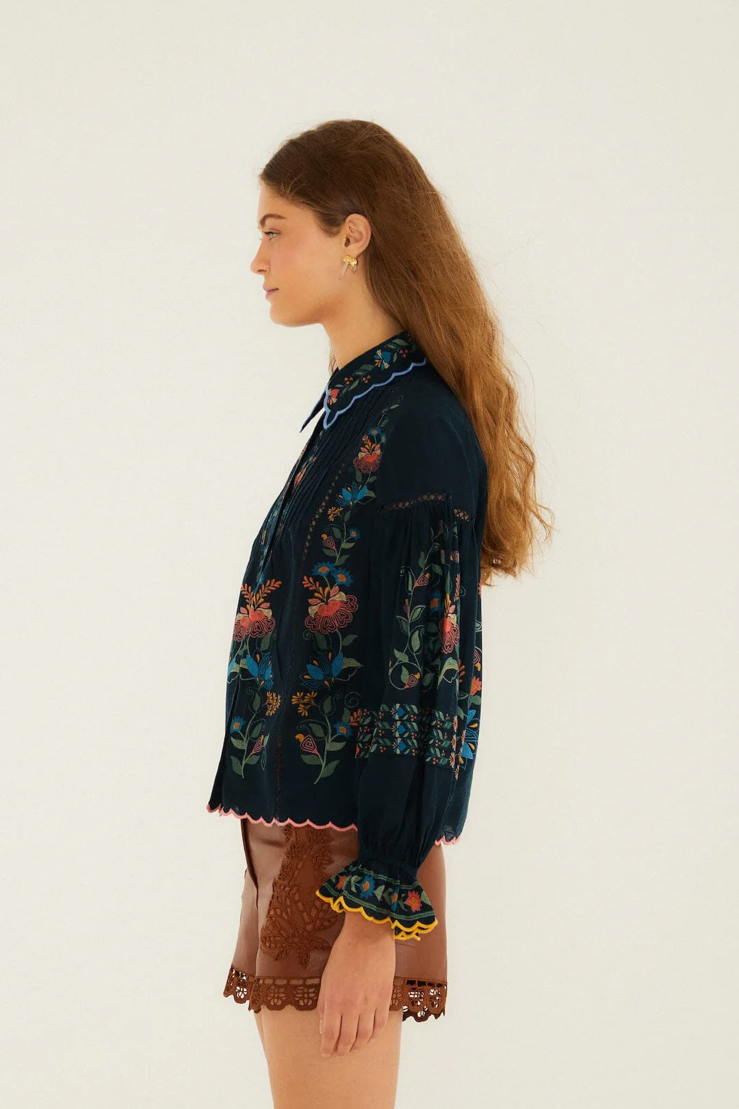 Navy Blue Stitched Garden Wavy Hem Blouse - Image 5