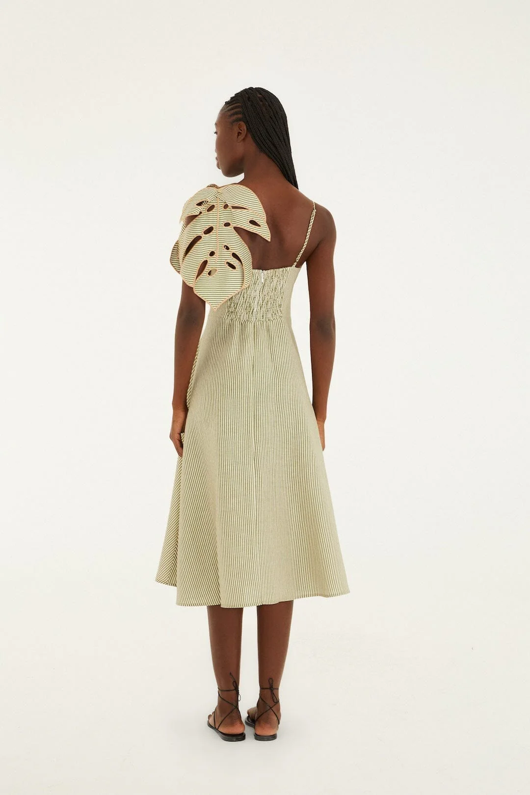 Green Striped 3d Monstera Leaf Euroflax™ Premium Linen Midi Dress - Image 3