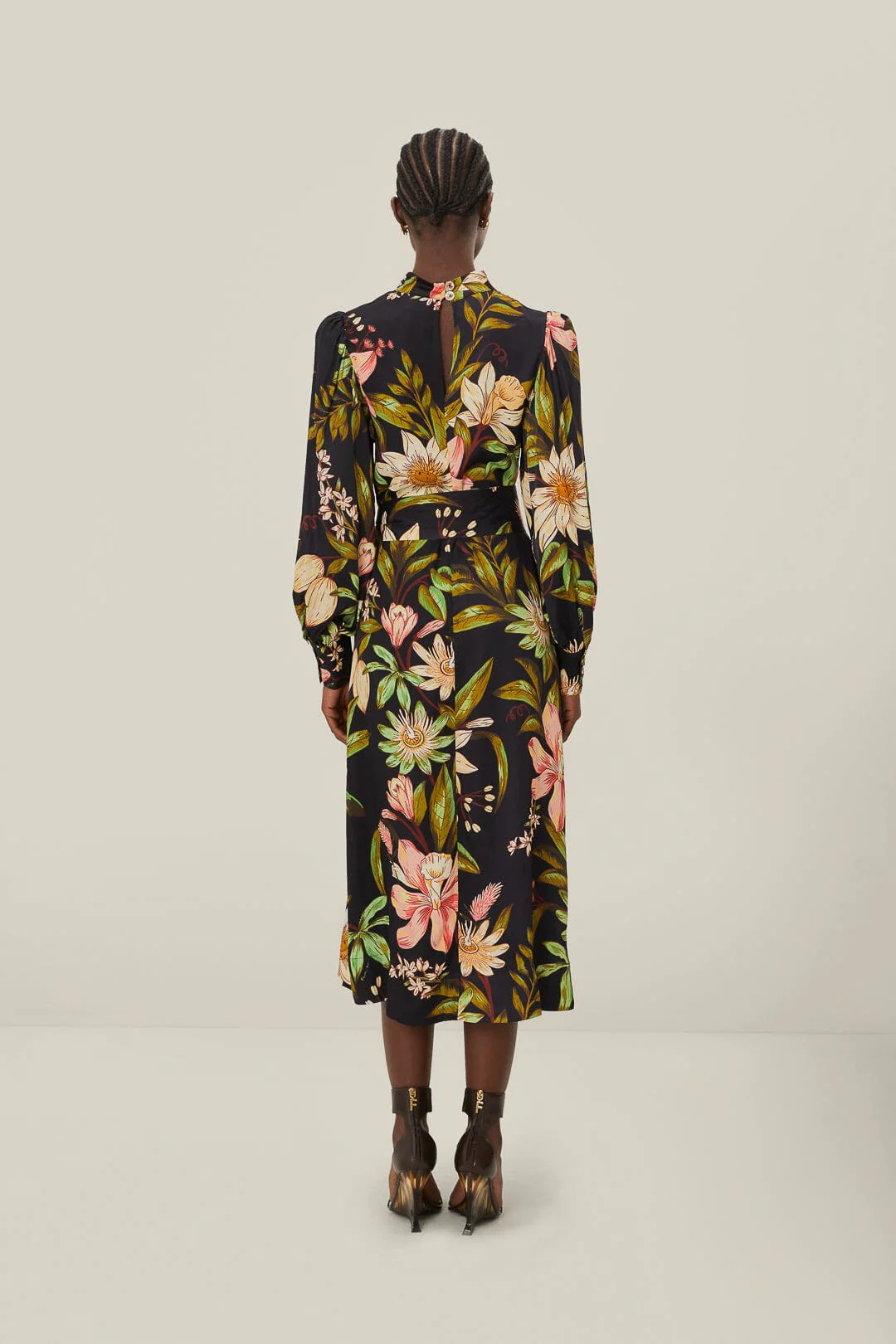 Black Surreal Flowers High Neck Midi Dress - Image 3