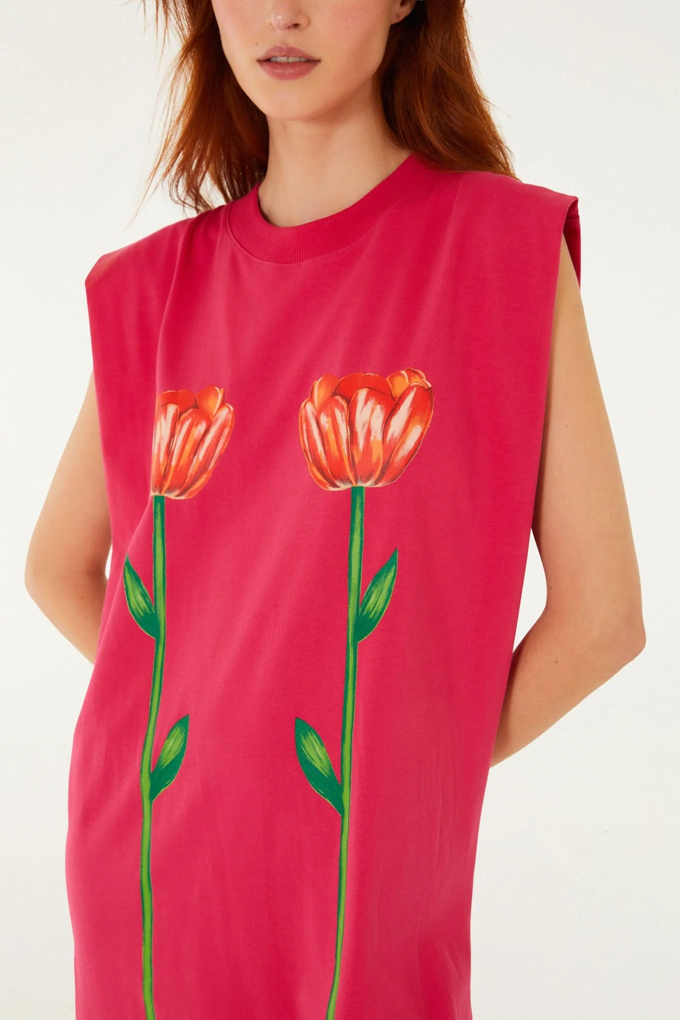 Pink Tropical Rose Padded Shoulders Organic Cotton Mini Dress - Image 2