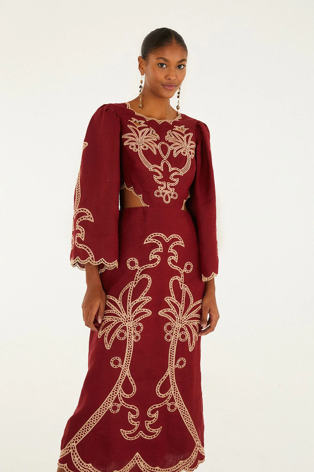 Red Artisanal Cut-Out Embroidered Euroflax™ Premium Linen Maxi Dress - Image 3