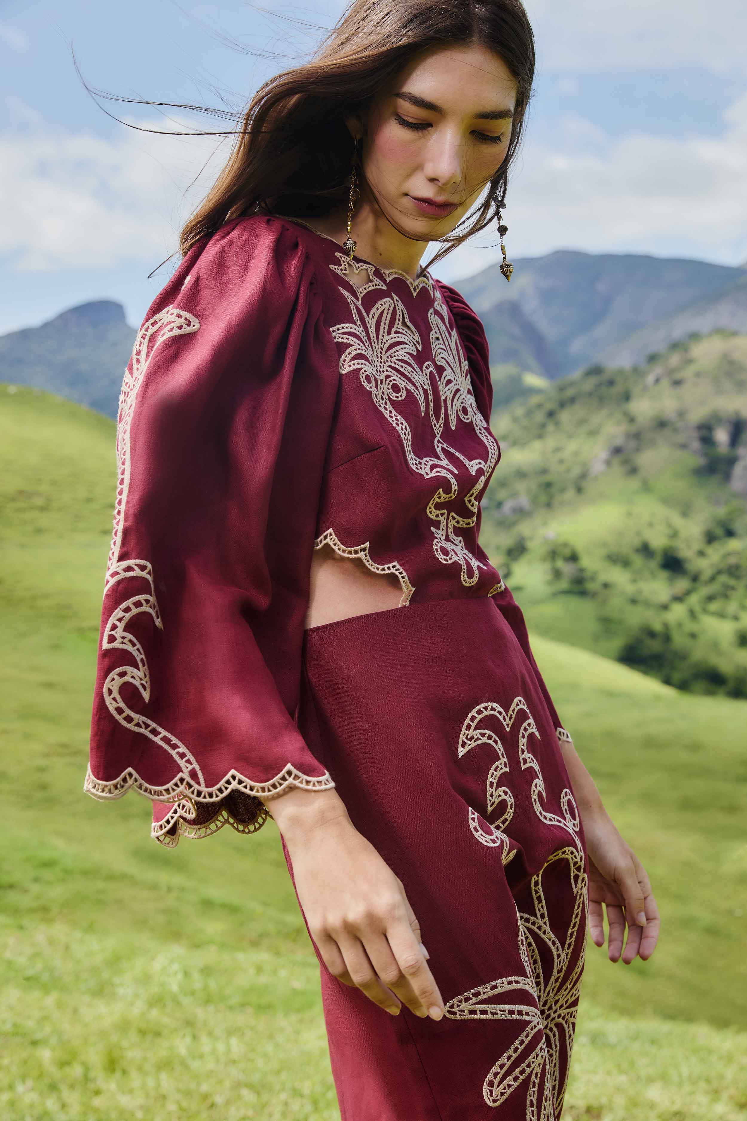 Red Artisanal Cut-Out Embroidered Euroflax™ Premium Linen Maxi Dress - Image 4