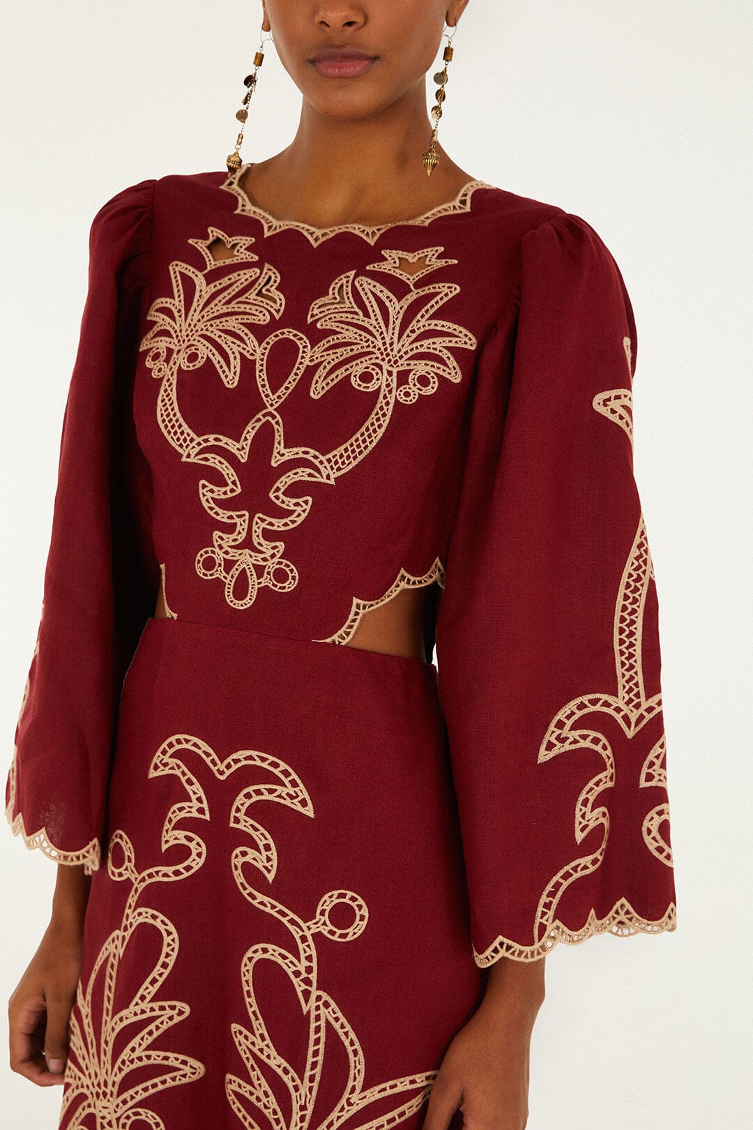 Red Artisanal Cut-Out Embroidered Euroflax™ Premium Linen Maxi Dress - Image 5