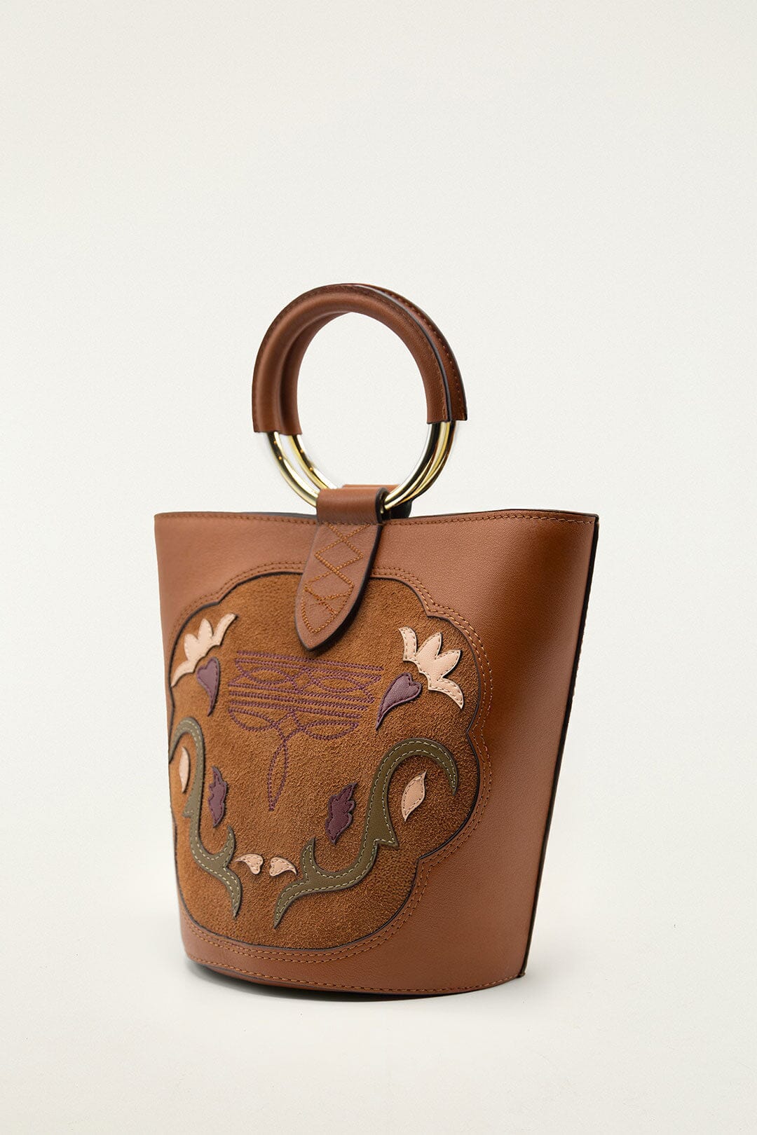 Brown Western Embroidered Leather Bucket Bag - Image 2